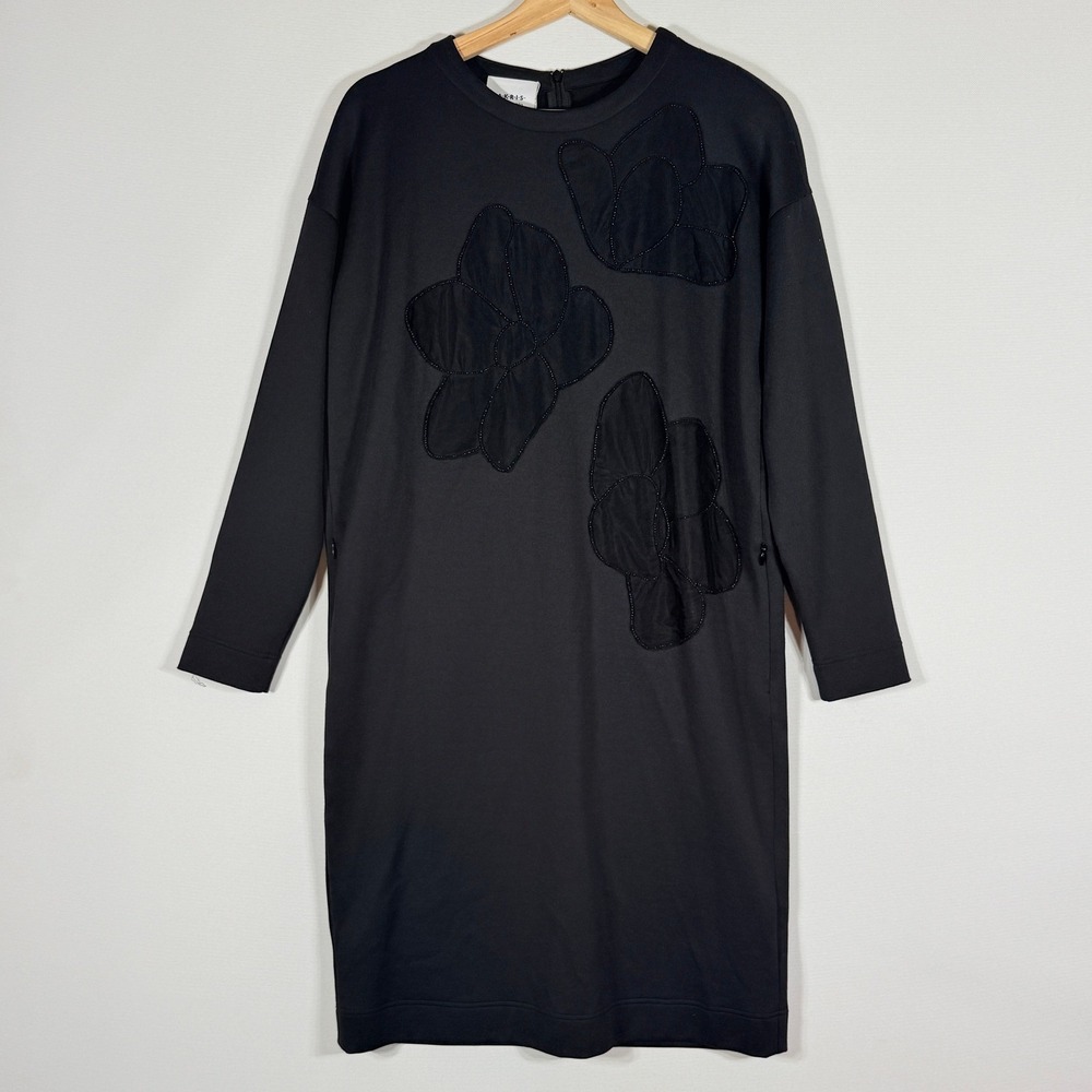 NEW Akris Punto Womens 4 Shift Dress Black Beaded Floral Elevated Minimalist